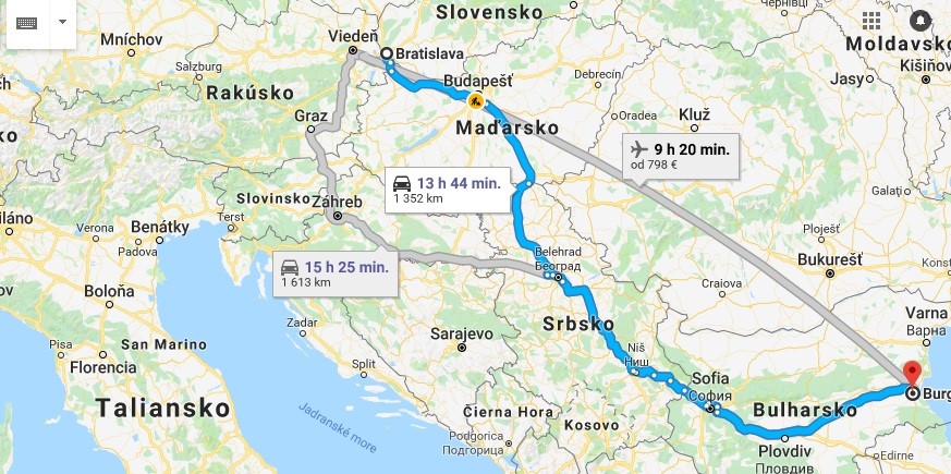 mapa cesty do Bulharska